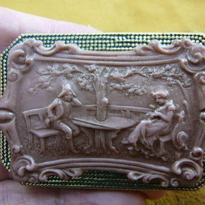 Colonial Man and Woman sitting at table under tree Cameo brass pin pendant brooch CL77-6