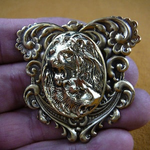 Lion pair lions wild Big cat roaring scrolled Victorian BRASS pin pendant brooch B-LION-657