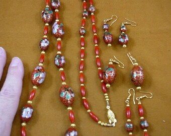 Red Cloisonne Beads pink white flowers + coral with gold tone spacers 38" long beaded Necklace + 3 pairs dangle earrings jewelry set V-275