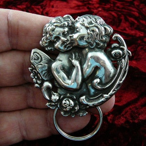 Two Cherubs little angels hugging silver Eyeglass glasses holder id badge pin brooch E-904