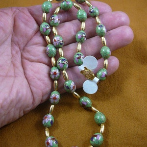 Medium Green Cloisonne Beads pink white flower flowers 20 inch long bead beaded GEM Necklace jewelry V246-14
