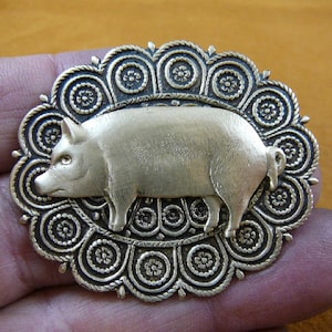 Pig farm sow pigs love lover piglet scrolled circles oval repro Victorian brass pin pendant brooch B-PIG-157