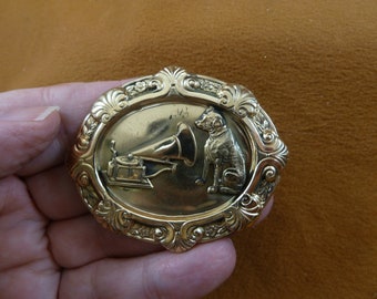 little Nipper dog and phonograph dogs lover ornate oval repro Victorian brass pin brooch B-DOG-120