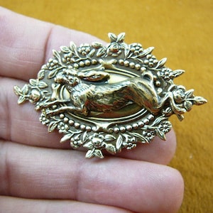 May include: A gold-toned metal brooch featuring a detailed sculpted rabbit in a decorative oval frame with floral accents.