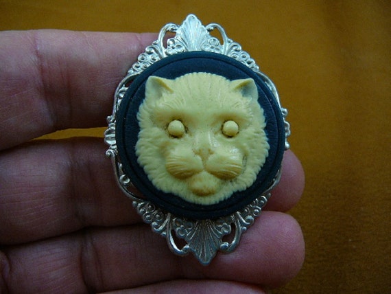 Cat From Hell Kitty Navy Blue Ivory Round CAMEO Silver Filigree  