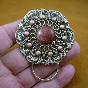 orange goldstone on scrolled + dot textured round copper + brass Eyeglass holder id badge pin pendant lover E-875