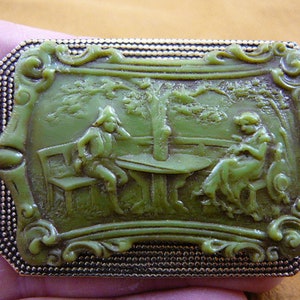 Colonial Man and Woman sitting at table under tree olive green Cameo brass pin pendant brooch CL77-8