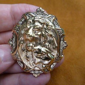 Lion pair lions wild Big cat roaring on oval flower scrolled repro Victorian BRASS pin pendant brooch B-LION-659