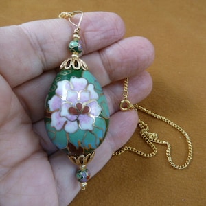 Dark green with pink white flower 40x32 mm oval egg shaped Cloisonne bead gold filigree cap pendant for necklace J520-28