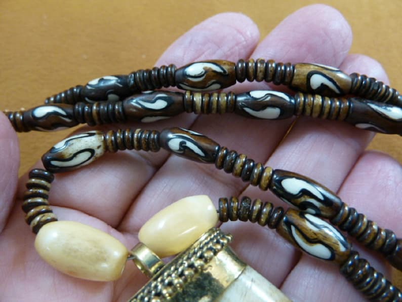 Tibetan Water Buffalo bone brass capped pendant black white cow bone bead 21 inch long beaded Necklace jewelry V640-3