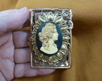 Wavy hair lady woman blue + ivory CAMEO Pin Pendant Jewelry brooch necklace repro Brass CM12-8