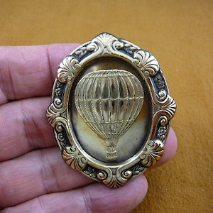 Hot Air Balloon gas aircraft ballooning ride airship scrolled oval Victorian BRASS pin pendant brooch B-BAL-3