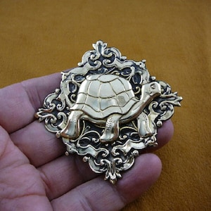 Galapagos Turtle flower turtles love on scrolled diamond shaped Victorian BRASS pin pendant brooch B-TURT-220