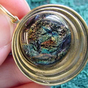 Yellow green purple blue sparkle black DICHROIC Fused glass cab on round circle repro Victorian brass pendant DB-317