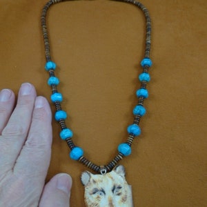 brown white bear head carved pendant on 21&quot; cow bone + turquoise gemstone bead beaded Necklace J-Bear-8