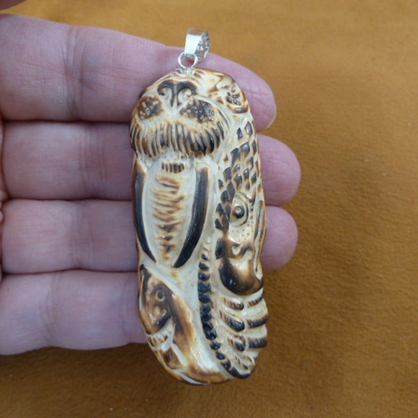 Brown White Walrus + ealge with fish bone carving pendant brown cow bone bead NECKLACE  jewelry J-WAL-2