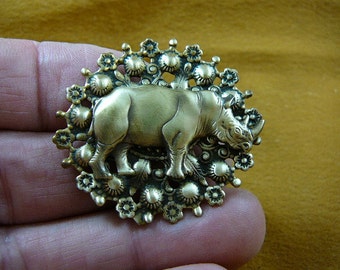 Rhinoceros little rhino oval Victorian repro brass textured flower pin pendant lover B-Rhino-22