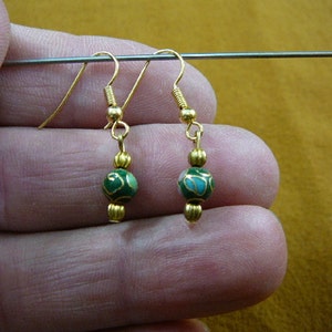 Green with pink flower 6 mm Cloisonne bead dangle earring pair EE-610-80