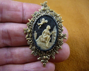 Angel cherub Woman in garden Cameo Pin Pendant Jewelry brooch necklace repro Brass CS49-5
