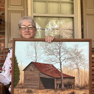Original vintage Log Cabin oil painting signed 1978 by Terry L. Johnson "Fredrix" CL-ART-1