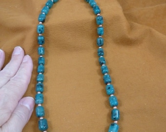 21 inch long specialty genuine Copper metal Beads + dark aqua Apatite gemstone bead beaded Necklace jewelry V500-13
