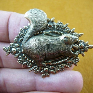 May include: A bronze-toned squirrel brooch. The squirrel is depicted in profile, surrounded by a floral and berry design. The brooch has a detailed texture, with the squirrel's fur and the leaves and berries clearly defined. The brooch is held in a hand.