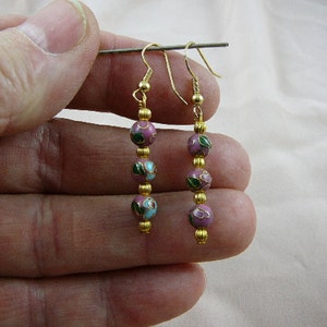 Pink with Blue flower 6 mm round Cloisonne three bead gold dangle earring pair EE-600-44