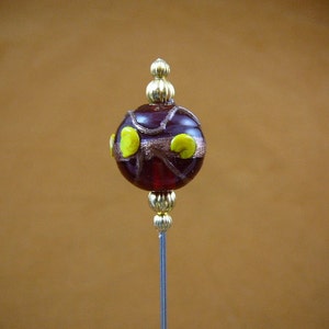 red copper swirl striped yellow dot glass with gold beads hatpin ladies pin hat U283-101