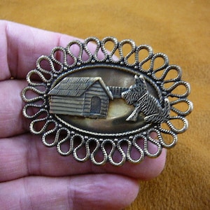 Scottish terrier with dog house on filigree spiral oval brass pin pendant brooch Scottie dog Westie B-Dog-204