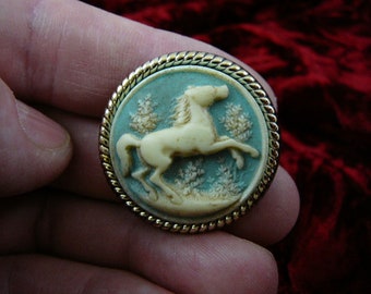 HORSE race Stallion running rearing light blue and ivory color round CAMEO Brooch Pin Pendant Brass I love horses CS14-19