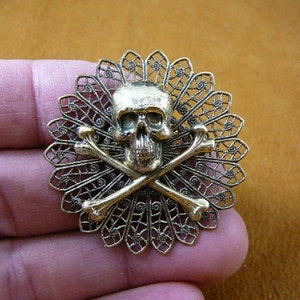 Skull and crossbones bones cross love Pirate filigree scrolled round Victorian brass pin B-SKULL-26