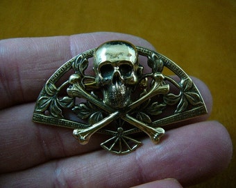 Skull and crossbones bones cross x love Pirate Victorian filigree fan brass pin pendant B-SKULL-22