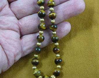 16 inch long Brown tan tiger's eye tiger-eye round and gold Beads bead beaded Necklace jewelry V311-8