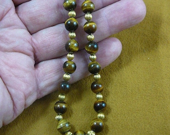 16 inch long Brown tan tiger's eye tiger-eye round and gold Beads bead beaded Necklace jewelry V311-8