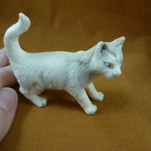 Könnte beinhalten: Eine weiße, geschnitzte Katzenfigur aus Knochen mit einem eingerollten Schwanz. Die Katze steht auf einer braunen Oberfläche.