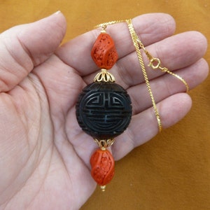 large 30mm Black and Red CINNABAR carved wood lacquer flower bead loop Pendant 24&quot; necklace  jewelry (J13-19)