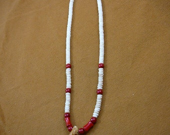 2" BADGER claw natural white cow bone and red bamboo coral bead Jewelry beaded 20" NECKLACE W40-27