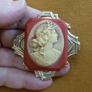 Roman Woman leaves in hair orange-red + ivory CAMEO rectangle scrolled brass Pin pendant CL9-5