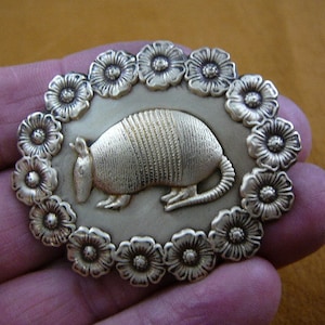 Armadillo desert Dillo oval armadillos daisy flower trimmed brass pin pendant brooch B-ARMAD-4