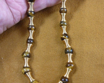 16 inch long Brown tan tiger's eye tiger-eye round and gold Beads bead beaded Necklace jewelry V311-11