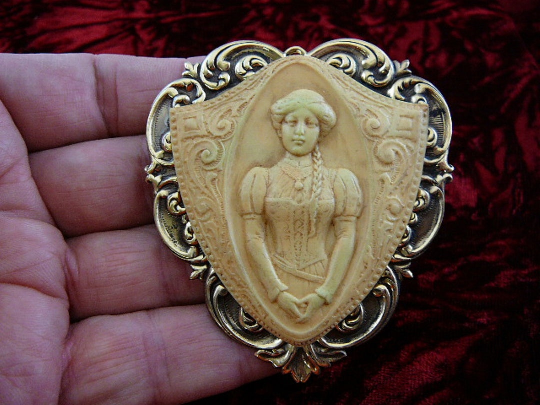 Victorian Woman on Scrolled Shield With Braid Ivory Cameo Brass Pin ...