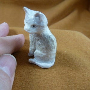 Könnte beinhalten: Kleine, cremeweiße Katzenfigur in sitzender Position. Die Katze hat eine detaillierte Fellstruktur und befindet sich vor einem braunen Hintergrund. Die Figur ist klein genug, um in einer Hand gehalten zu werden.