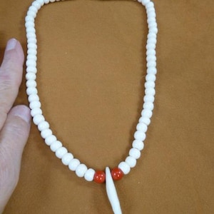 COYOTE wild dog one 1 Tooth TEETH Jewelry white bone bead red beads beaded 18" NECKLACE W30-L