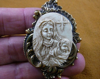 MADONNA & Child baby star off-white CAMEO pin pendant filigree brass brooch cm78-10