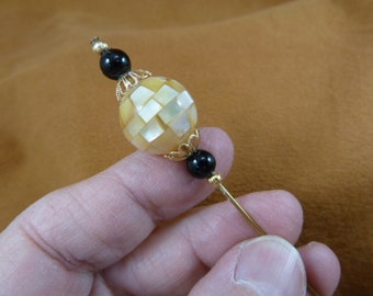 Mosaic Mother of pearl + black Onyx bead beaded hatpin with gold tone beads ladies pin hat accessory U201-1