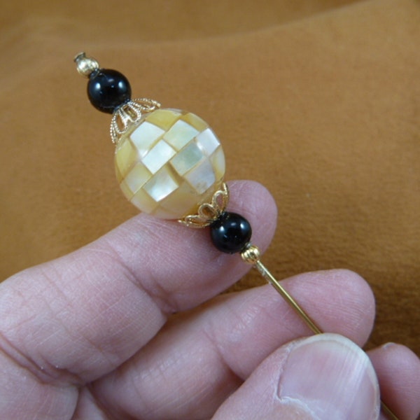 Mosaic Mother of pearl + black Onyx bead beaded hatpin with gold tone beads ladies pin hat accessory U201-1