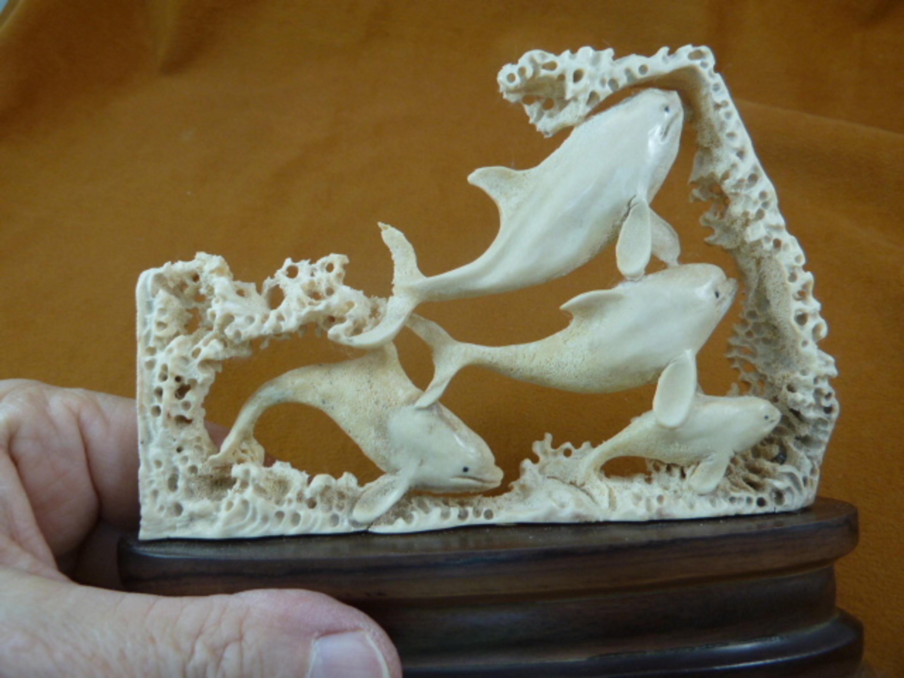 Whale Pod of 4 Orca Killer Whales With Ocean Waves Figurine Bali