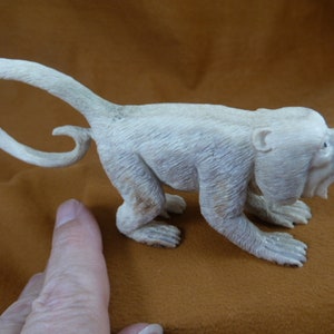 May include: A white carved bone sculpture of a monkey with a curled tail. The monkey is in a crouching position with its head turned to the side.