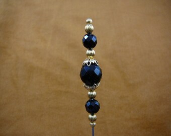 Hatpin three 3 black faceted 14mm and 10mm bead beads gold tone brass hatpin ladies pin hat U255-7