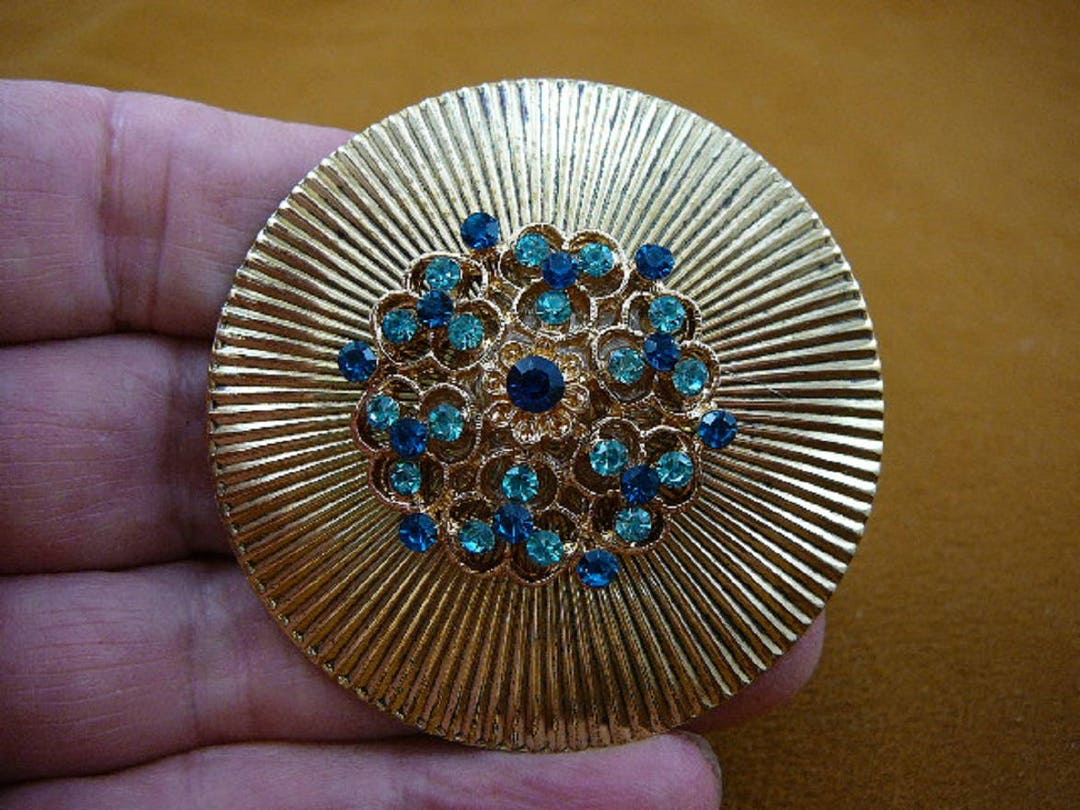 Blue Rhinestone Flower Bouquet Textured Circle Gold Tone Brass